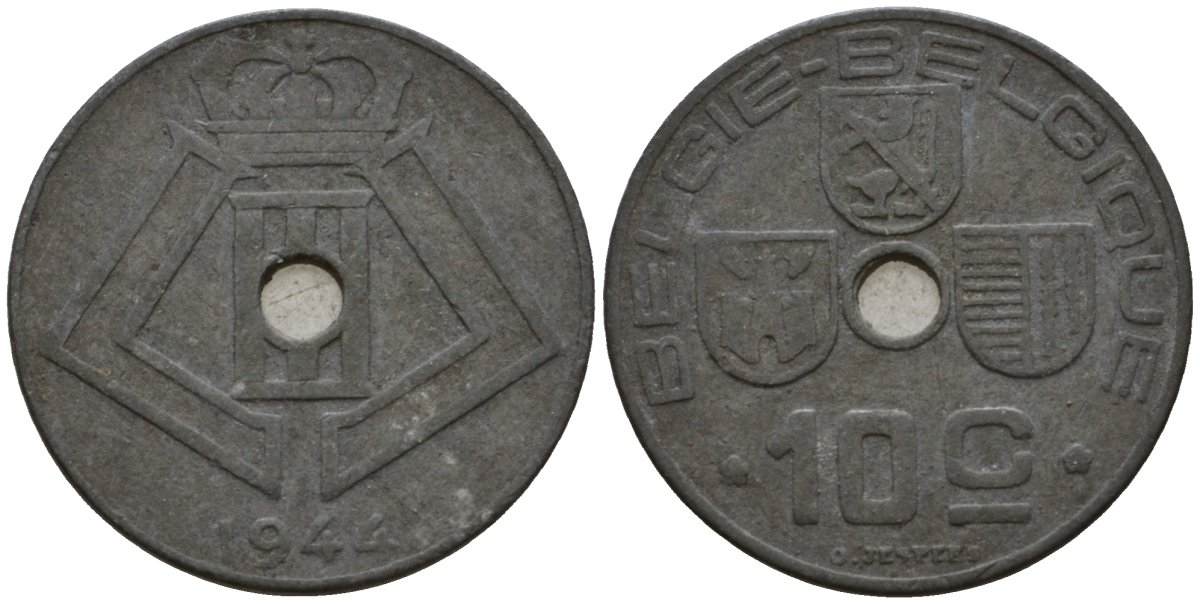 Бельгия 10 сантимов 1944 Belgie - Belgique KM 126 цинк 100-1032