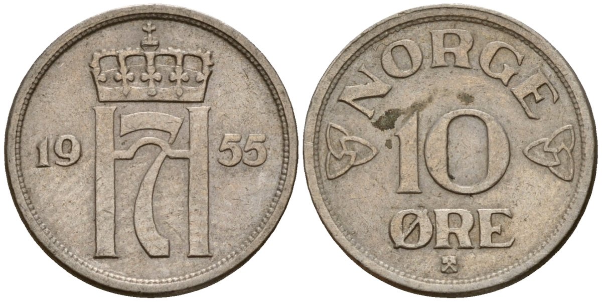 Норвегия 10 эре 1955 Хокон VII (1906 - 1957) KM 396 медно-никель 4154-763