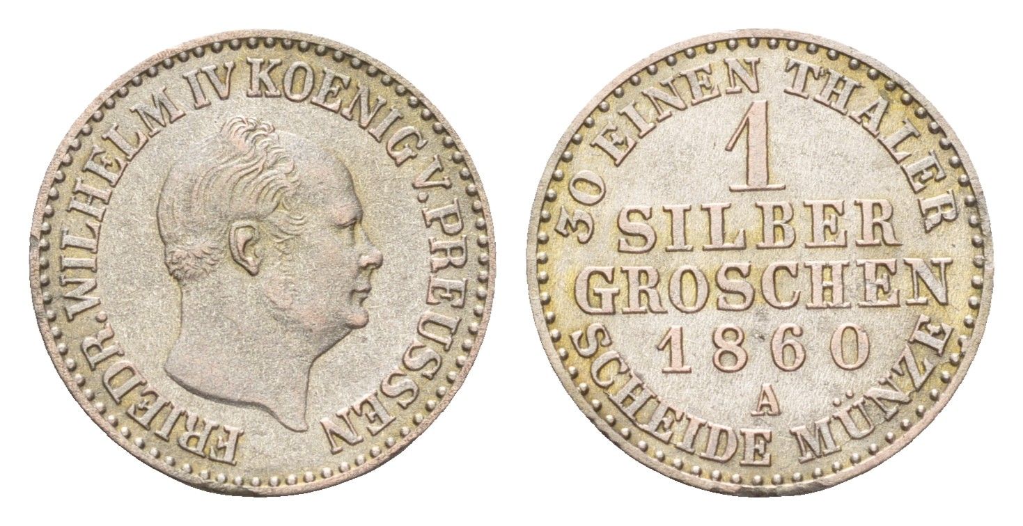 Пруссия 1 серебряный грош 1860 A, Фридрих Вильгельм IV (1840-1861) KM 462 серебро 4044-1444