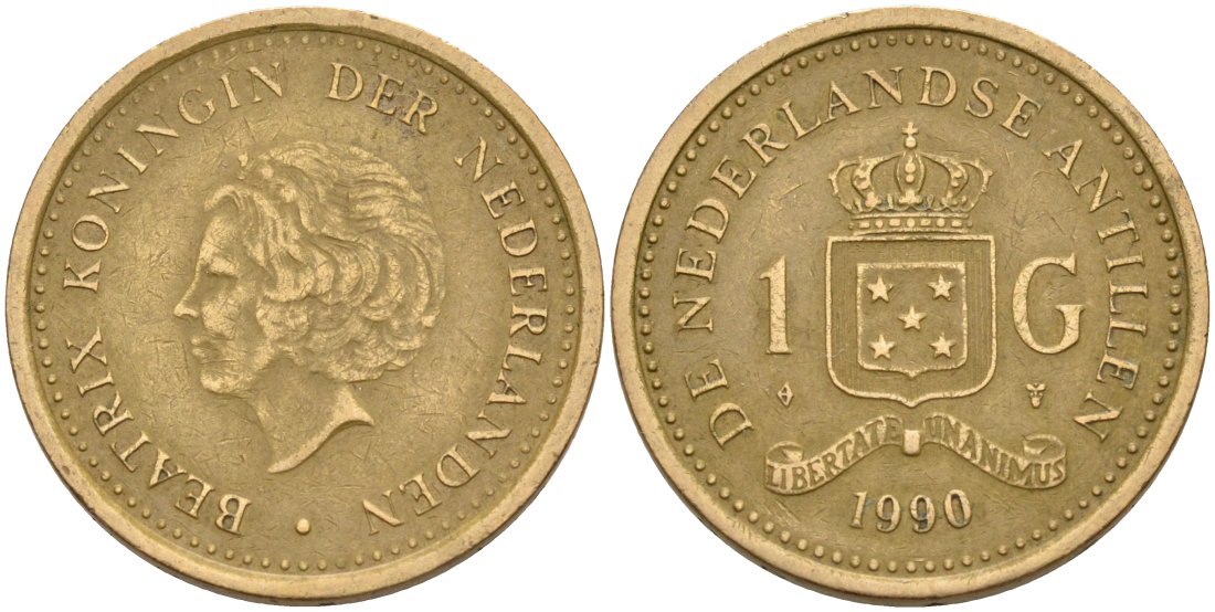 Нидерландские Антилы 1 гульден 1990 Беатрикс (1980-2013) KM 37 позолоченная сталь 210-1252