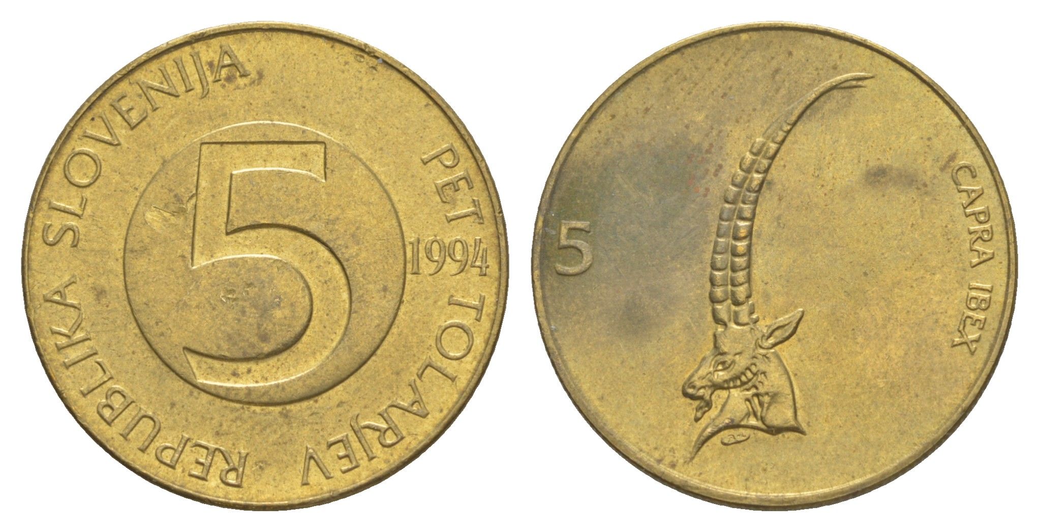 Словения 5 толаров 1994 ибекс, альпийский горный козел KM 6 латунь 4571-247