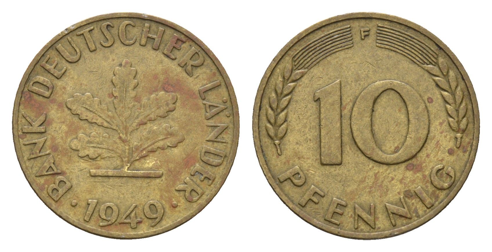 ФРГ 10 пфеннигов 1949 F KM 103, J. 378 сталь плакированная латунью 4618-1133