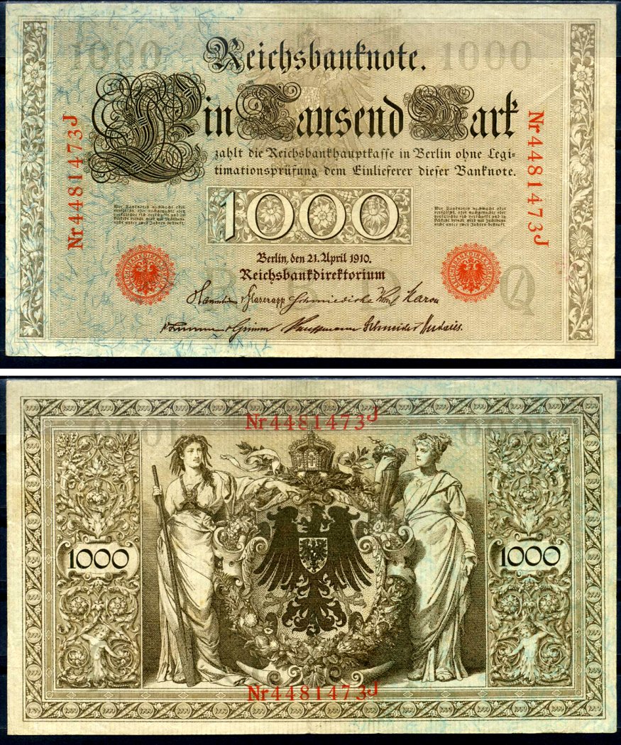 Германия 1000 марок 1910 21 апреля 1910, красная печать, номер семизначный, серия J, буква O, выпуск АПРЕЛЬ - ИЮЛЬ 1918 Pick 44 b бумага 2194-39-2-1
