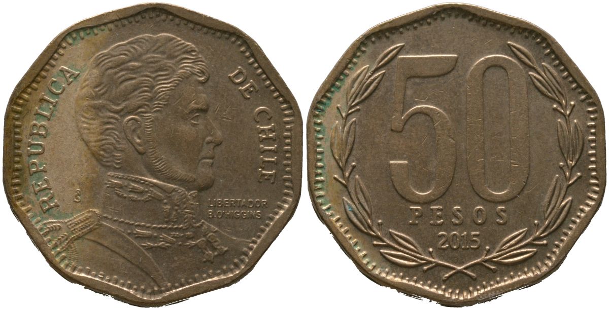 Чили 50 песо 2015 So KM 219.2, Schon 70 алюминиевая бронза 4544-442
