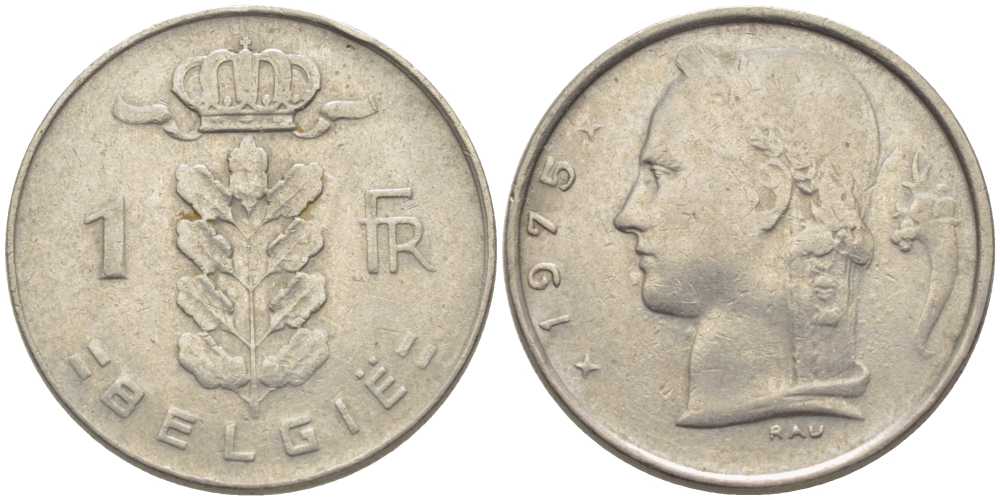 Бельгия 1 франк 1975 Belgie, Бодуэн I (1951-1993) KM 143.1 медно-никель 119-637