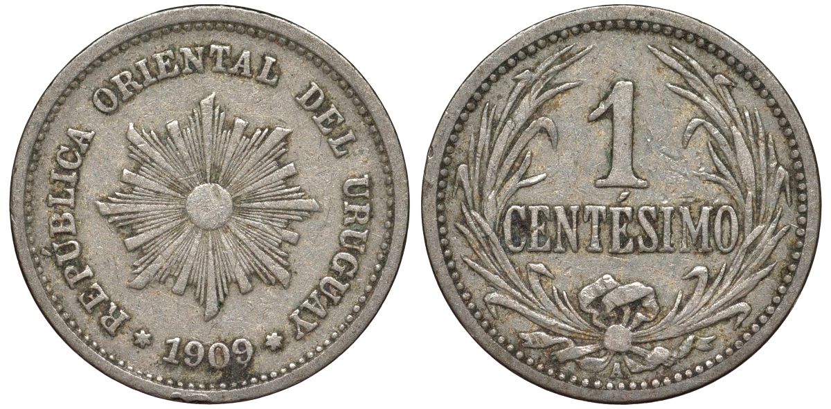 Уругвай 1 сентесимо 1909 KM 19 медно-никель 4169-569