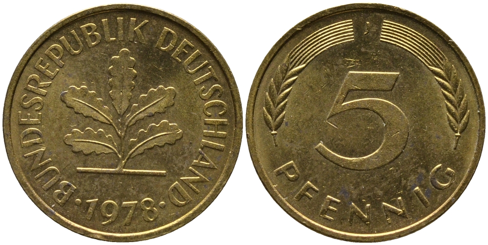 ФРГ 5 пфеннигов 1978 J KM 107, J.382 сталь плакированная латунью 99-116