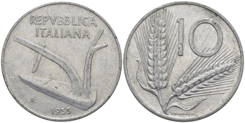 ИТАЛИЯ 10 ЛИР 1955 R, КОЛОСЬЯ, ПЛУГ KM 93 алюминий 28-124