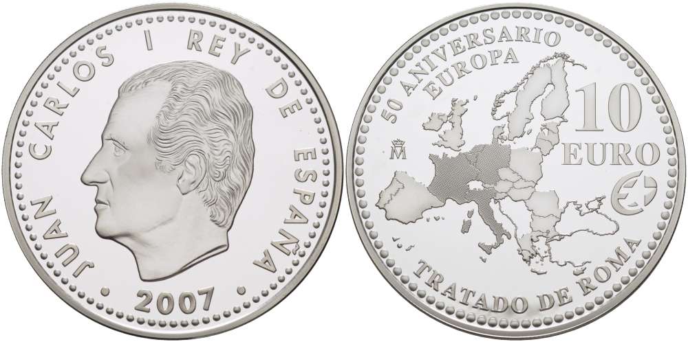 Испания 10 евро 2007 M, 50 лет Римскому договору KM 1135 серебро  PROOF   11-040-24