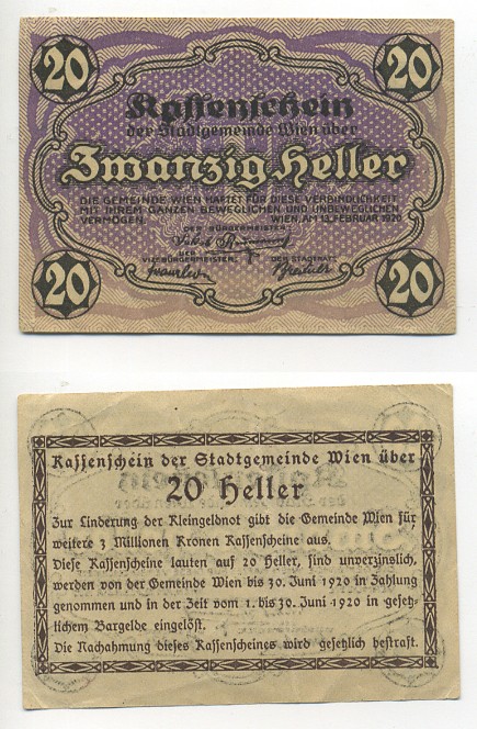 Австрия, Вена 20 геллеров 1920 30 июня 1920, нотгельд Mehl FS 1183IIc  бумага 7217-53-6
