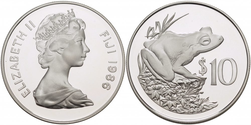 Фиджи 10 долларов 1986 серия 25 лет защиты окружающей среды, фиджийская земляная лягушка KM 55 серебро PROOF 00-000-00