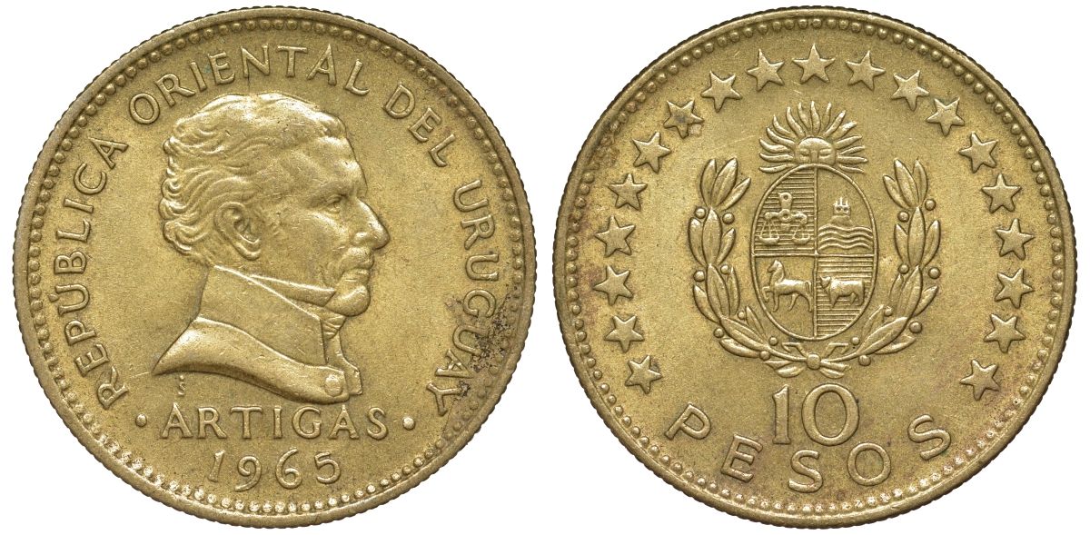 Уругвай 10 песо 1965 KM 48 алюминиевая бронза 4572-1144