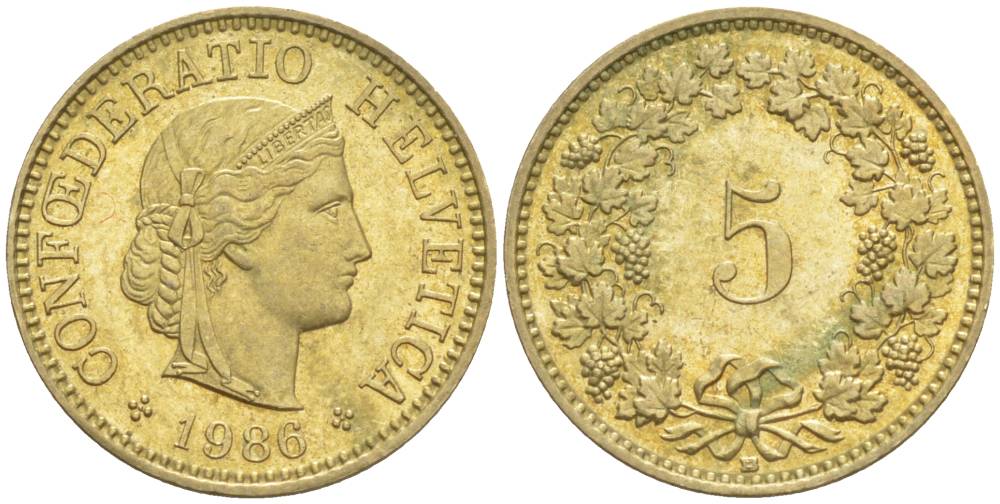 ШВЕЙЦАРИЯ 5 РАППЕНОВ 1986 В KM 26с алюминий латунь 4549-566