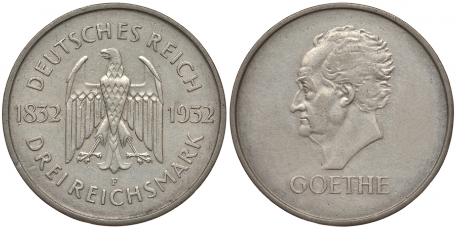 Германия 3 марки 1932 F, 100 лет со дня смерти Иоганна Вольфганга фон Гёте J. 350, KM 76 серебро aUNC 00-814-80