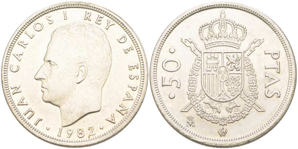 ИСПАНИЯ 50 ПЕСЕТ 1982 ХУАН КАРЛОС I (1975-) KM 825 медно-никель XF-UNC 4517-315