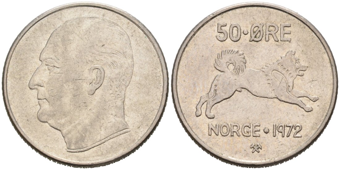 Норвегия 50 эре 1972 Улаф V (1957-1991), собака KM 408 медно-никель 4571-411