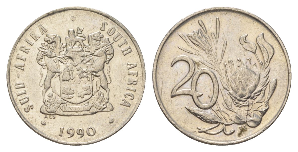 ЮАР 20 центов 1990 герб, цветок протея KM 86 никель 4626-813