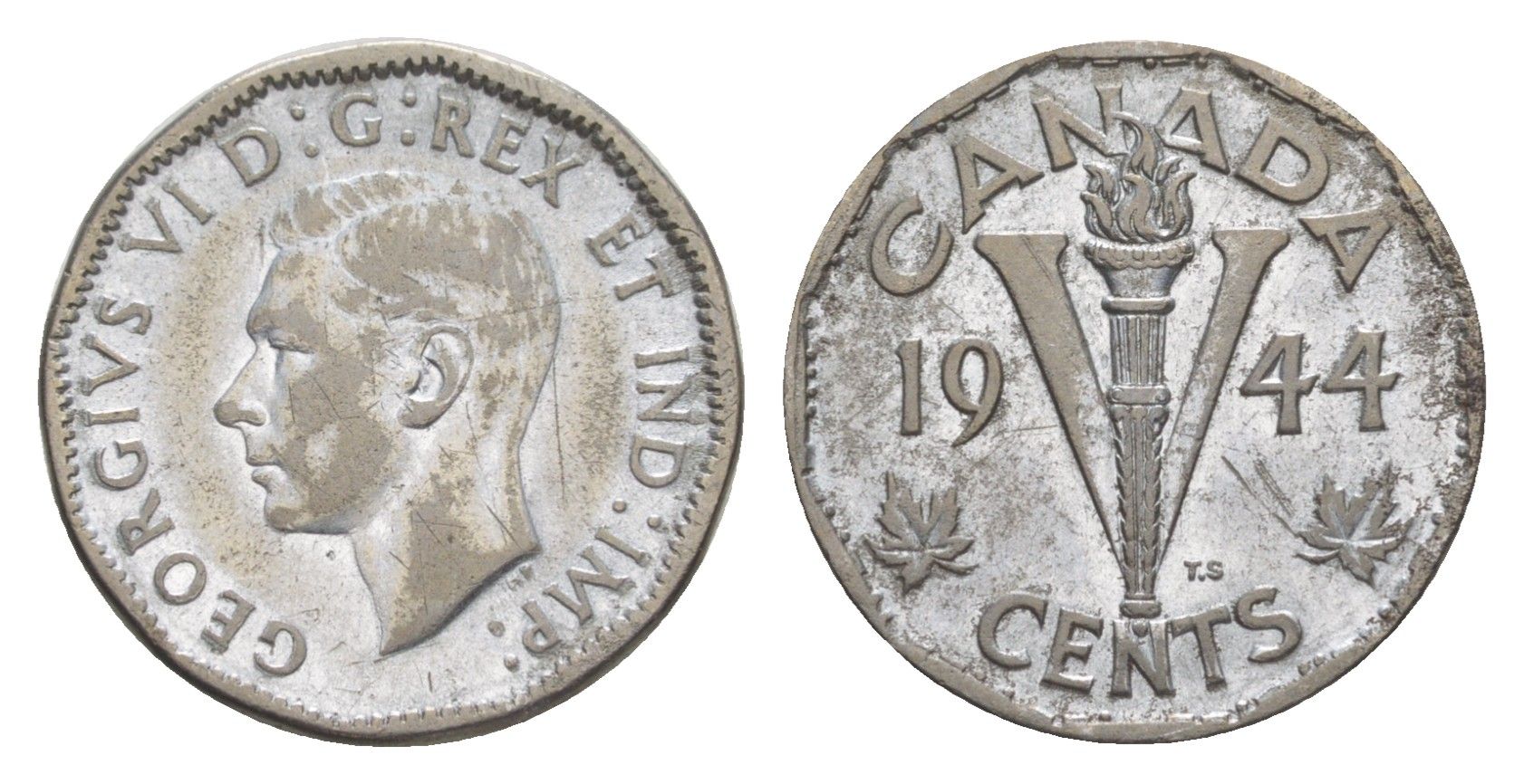 Канада 5 центов 1944 Георг VI (1936-1952) KM 40a хромированная сталь 4639-425