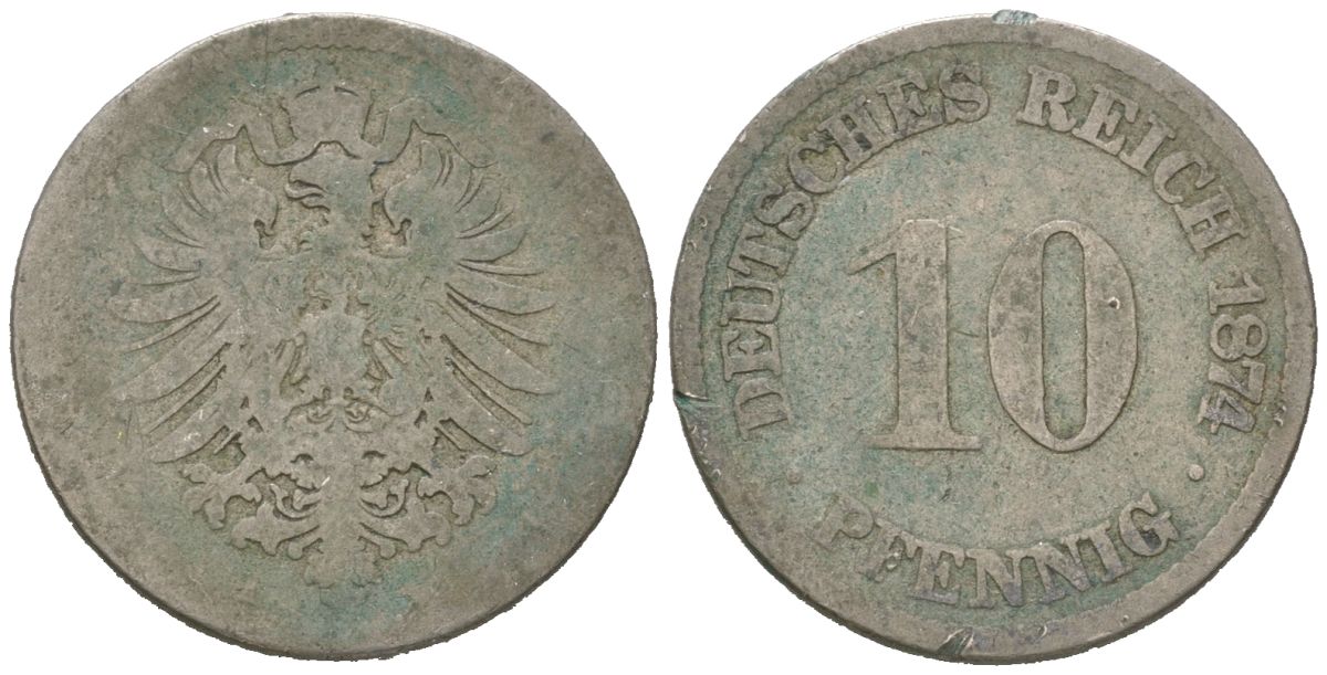 Германия 10 пфеннигов 1874 A, Вильгельм I (1871-1888) KM 4, J. 4 медно-никель 4615-742