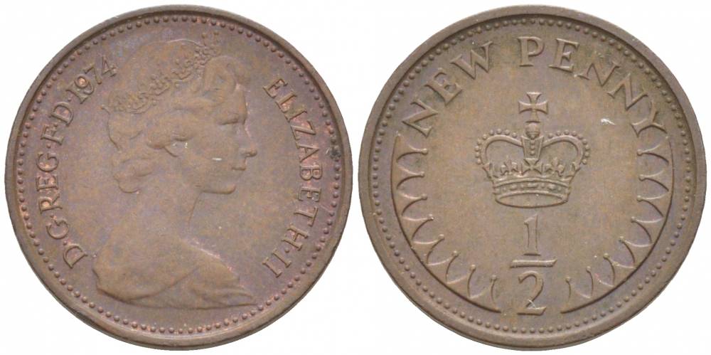 Великобритания 1/2 пенни 1974 Елизавета II (1952-2022) KM 914, Spink 4239 бронза 112-1232