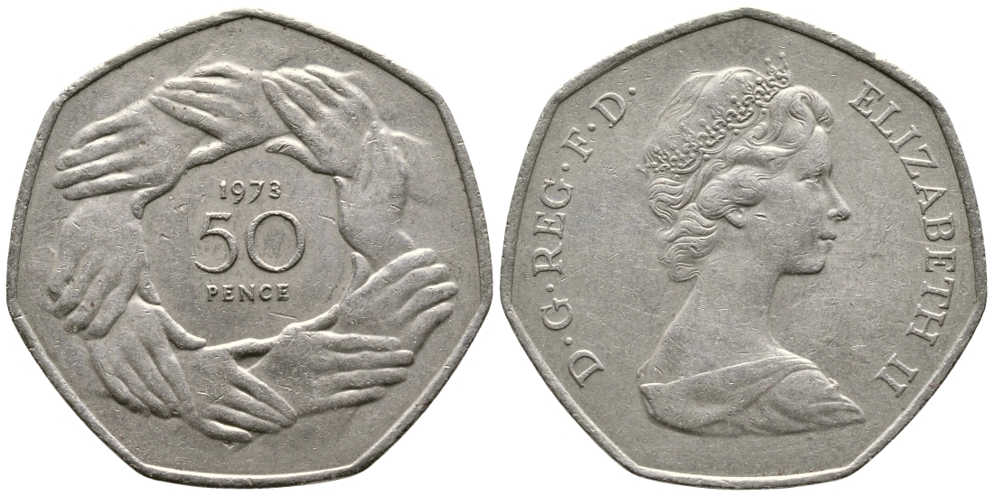 Великобритания 50 пенсов 1973 Елизавета II (1952-2022), вступление в Европейское экономическое сообщество KM 918, Spink 4224 медно-никель 3999-1024