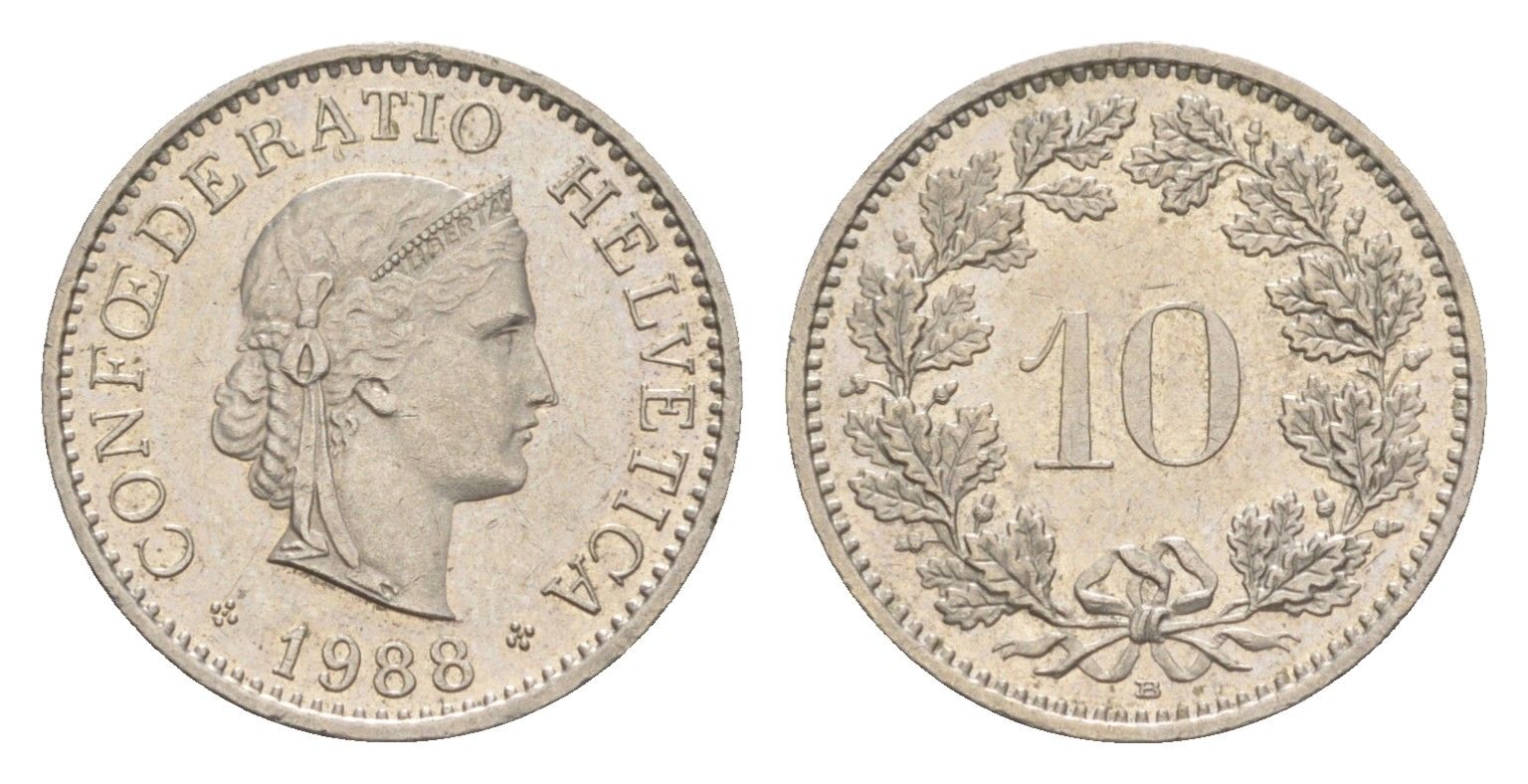 Швейцария 10 раппенов 1988 B KM 27 медно-никель 4547-165