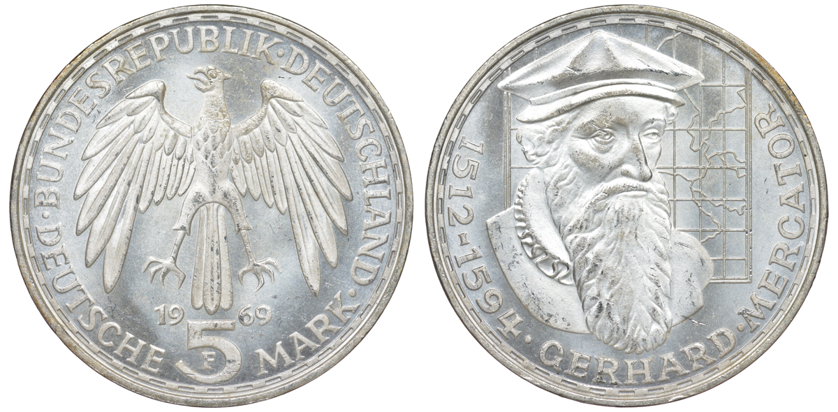 ФРГ 5 марок 1969 F, 375 лет со дня смерти Герарда Меркатора J. 400, KM 126.1 серебро 4178-826