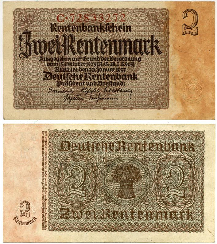 ГЕРМАНИЯ 2 РЕНТЕНМАРКИ 1937 30 ЯНВАРЯ 1937, ВЕЙМАРСКАЯ РЕСПУБЛИКА, ВОСЕМЬ ЦИФР В НОМЕРЕ СЕРИИ, СЕРИЯ C Pick 174b, Rosenberg 167b бумага 3295-84-3-2