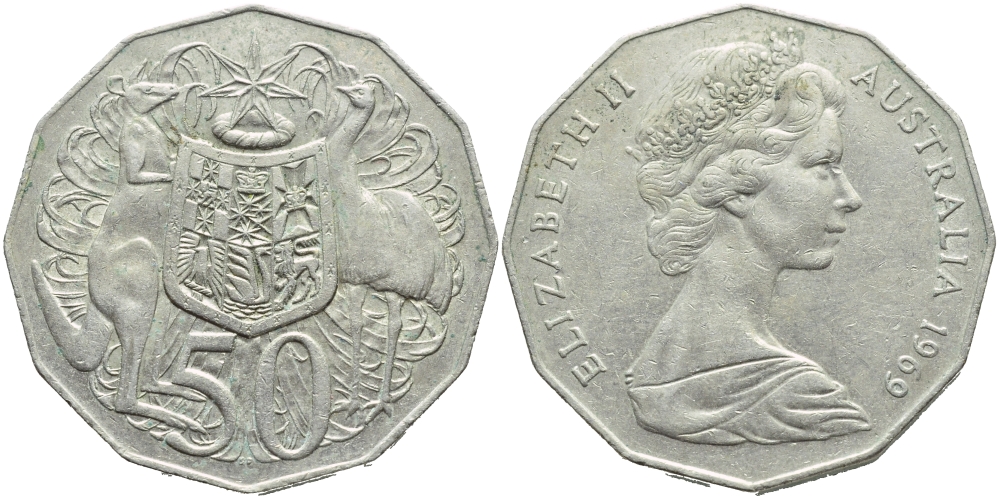 Австралия 50 центов 1969 Елизавета II (1952-2022), герб Австралии, кенгуру KM 68 медно-никель 4394-424