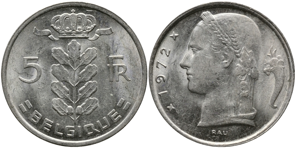 Бельгия 5 франков 1972 Belgique, Бодуэн I (1951-1993) KM 134.1 медно-никель 98-644