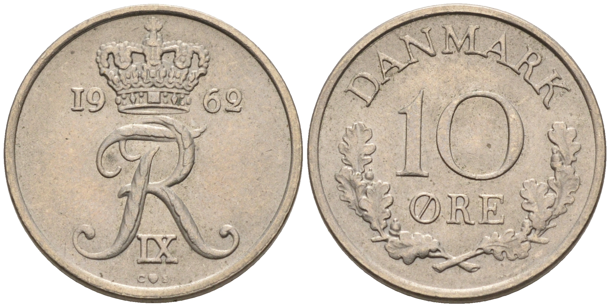 ДАНИЯ 10 ЭРЕ 1962 C; S, ФРЕДЕРИК IX (1947-1972) KM 849.1 медно-никель 4564-1221