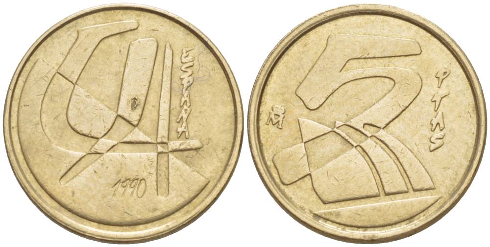 ИСПАНИЯ 5 ПЕСЕТ 1990 ХУАН КАРЛОС I (1975-) KM 833 алюминиевая бронза 4549-241