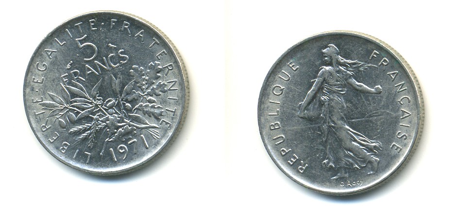Франция 5 франков 1971 сеятель KM 926a.1, Le Franc 341.3 медно-никель плакированный никелем 80-132
