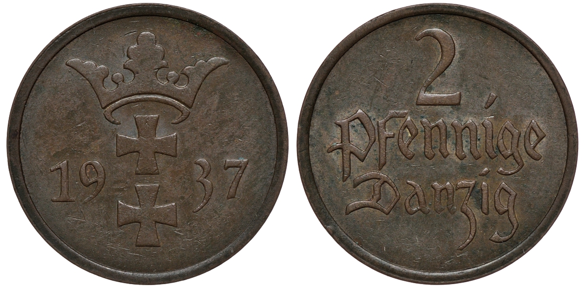Данциг 2 пфеннига 1937 J. D3, KM 141 бронза 1526-1132