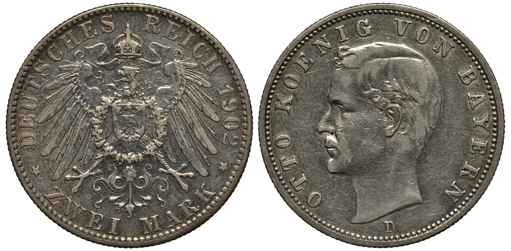 Бавария 2 марки 1902 D, Отто (1886-1913) Weege 44, J. 45, KM 511 серебро 413-3421