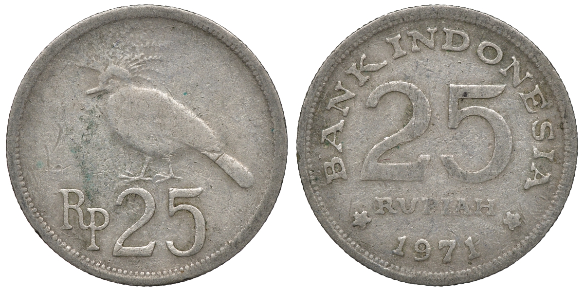 Индонезия 25 рупий 1971 год тип, венценосный голубь KM 34 медно-никель 4118-215