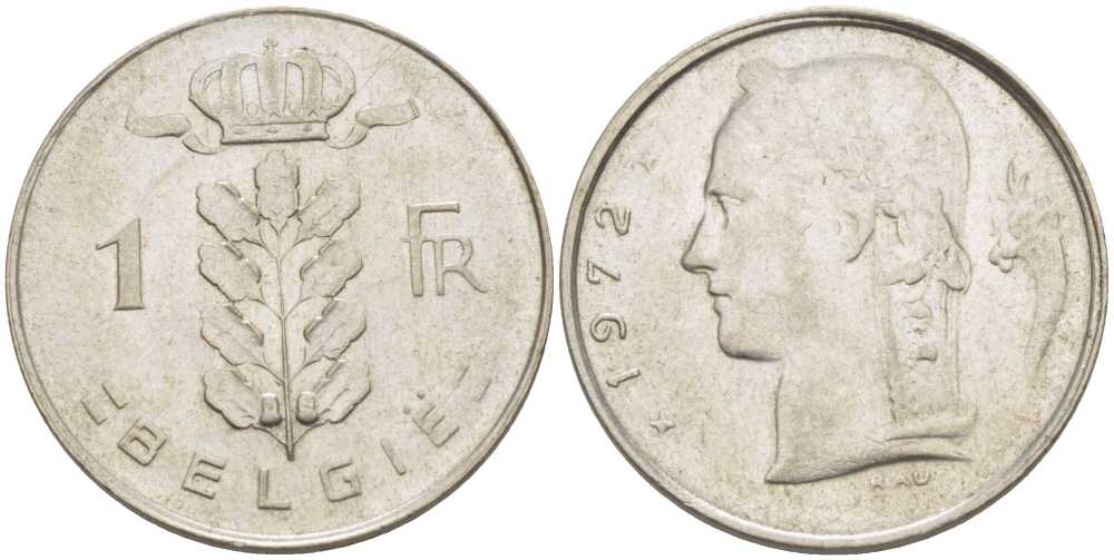 БЕЛЬГИЯ 1 ФРАНК 1972 BELGIE, БОДУЭН I (1951-1993) KM 143.1 медно-никель 3856-136