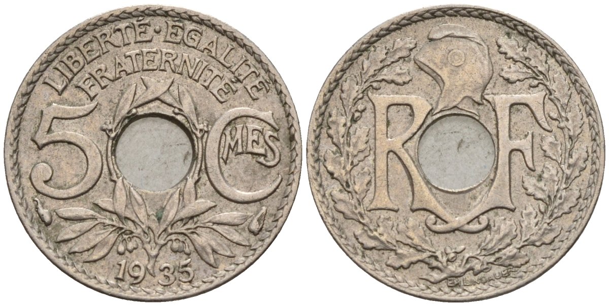 Франция 5 сантимов 1935 KM 875 медно-никель 4596-631