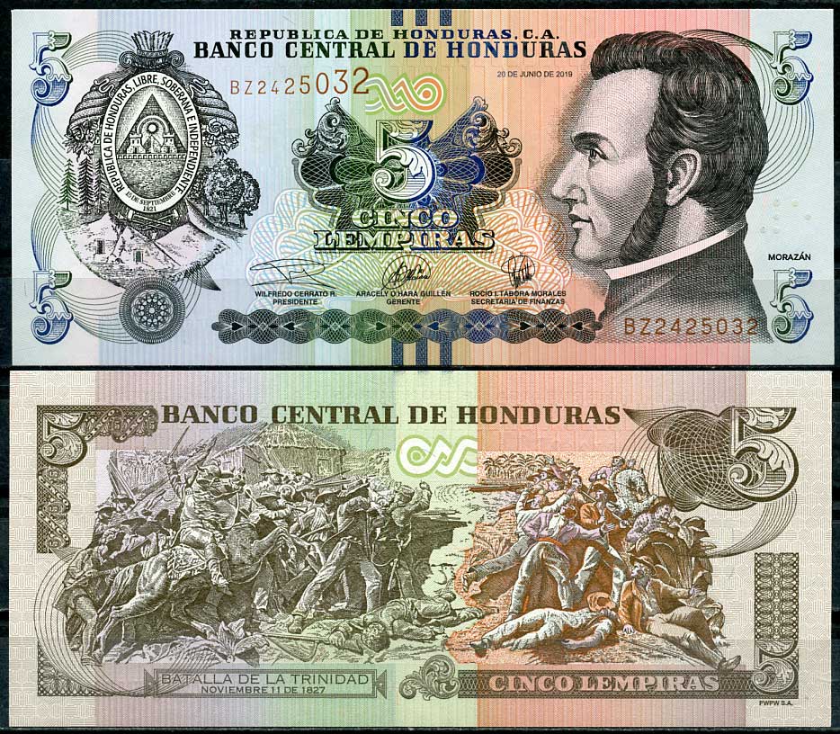 Гондурас 5 лемпира 2019 Франсиско Морасан, сцена битвы за Тринидад Pick 98 d  бумага  UNC (пресс) 447-106-3