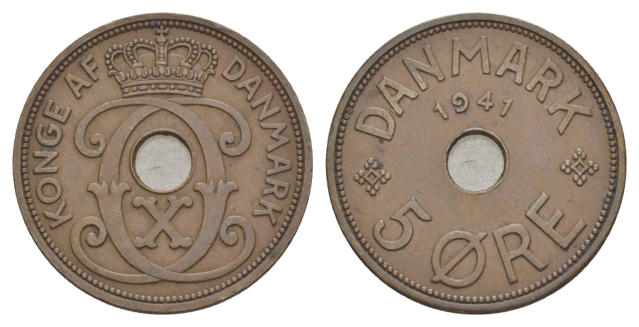 Фарерские острова 5 эре 1941 Кристиан X (1912-1947), датские территории KM 3 бронза 3711-1714