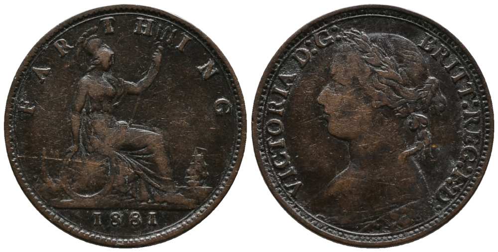 Великобритания 1 фартинг 1881 Виктория (1837-1901) KM 753, Spink 3958 бронза  1518-1121