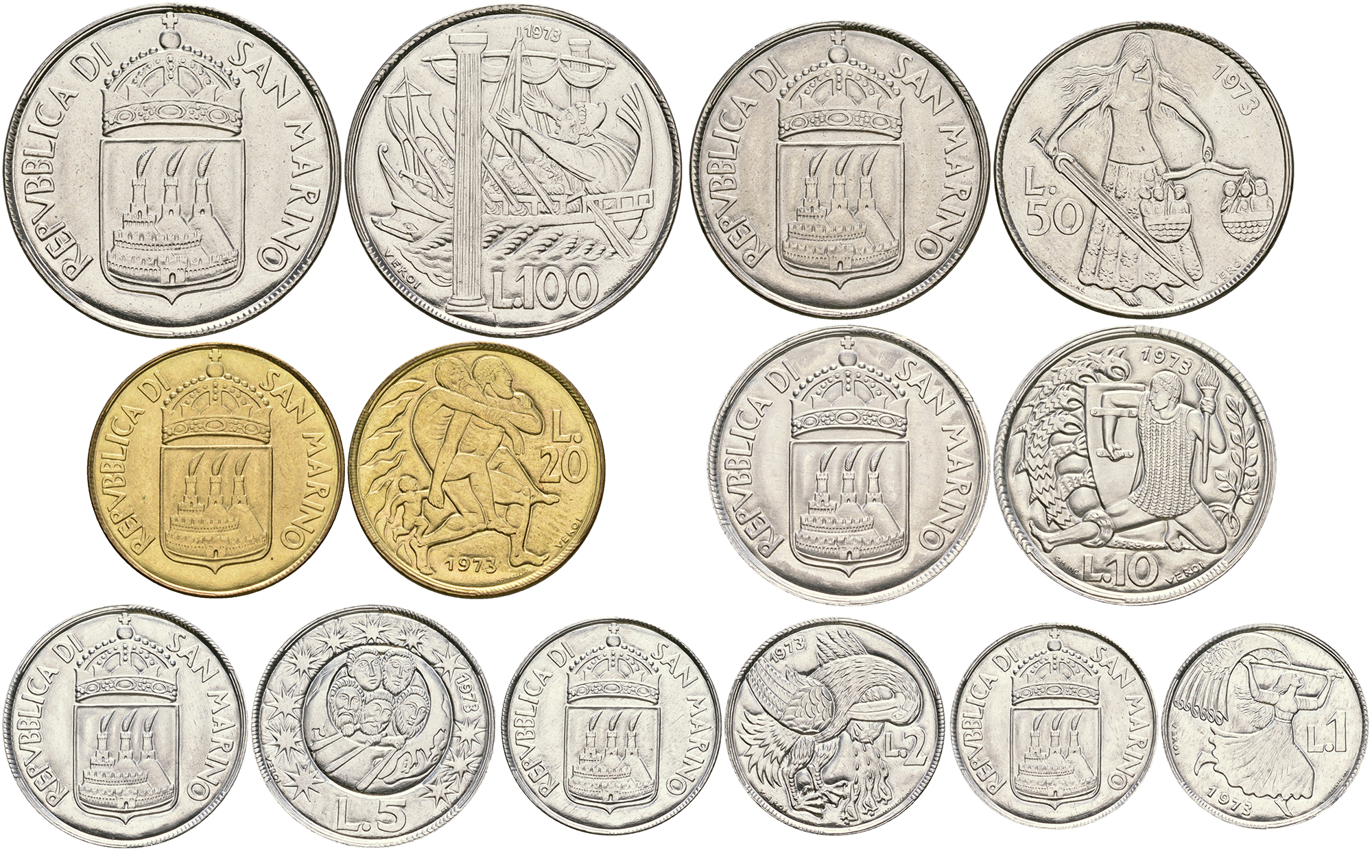 Сан-Марино годовой набор из 7 монет 1973 1, 2, 5, 10, 20, 50 и 100 лир KM 22-28 UNC 3-6-4-48