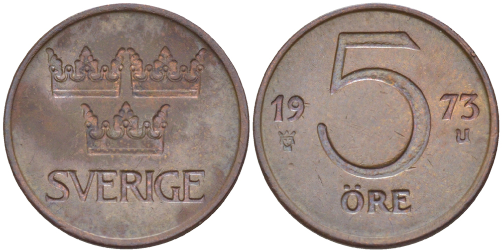 Швеция 5 эре 1973 U, Густав VI Адольф (1950-1973) KM 845 бронза 4181-1241