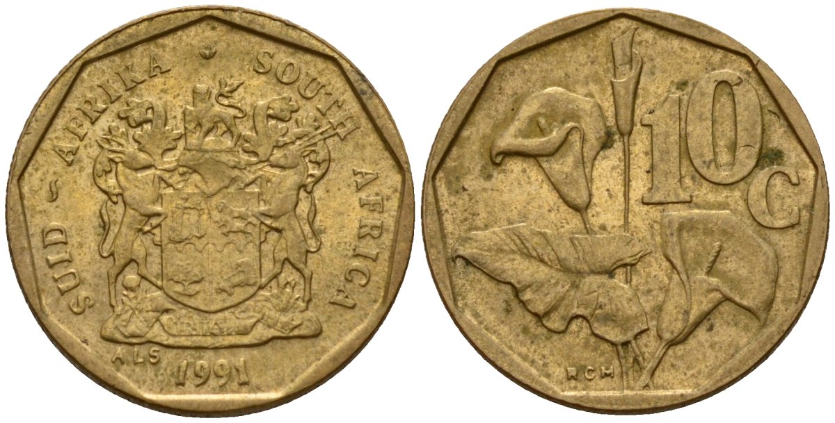 ЮАР 10 центов 1991 цветок KM 135 сталь плакированная латунью 4154-1135