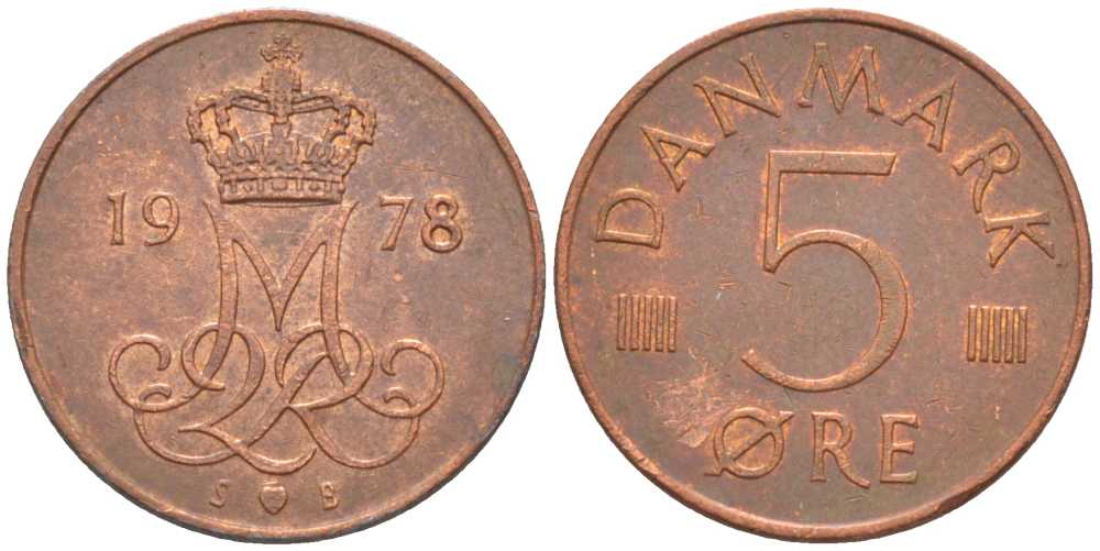 ДАНИЯ 5 ЭРЕ 1978 S; B, МАРГРЕТЕ II (1972-) KM 859,1 железо плакированное медью 201-1166