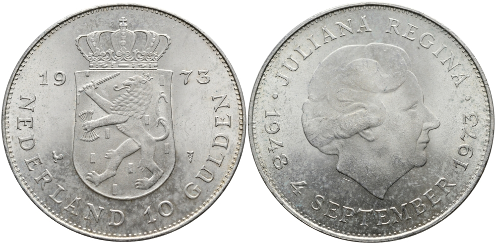 Нидерланды 10 гульденов 1973 25 лет правления королевы Юлианы KM 196 серебро UNC 413-3542
