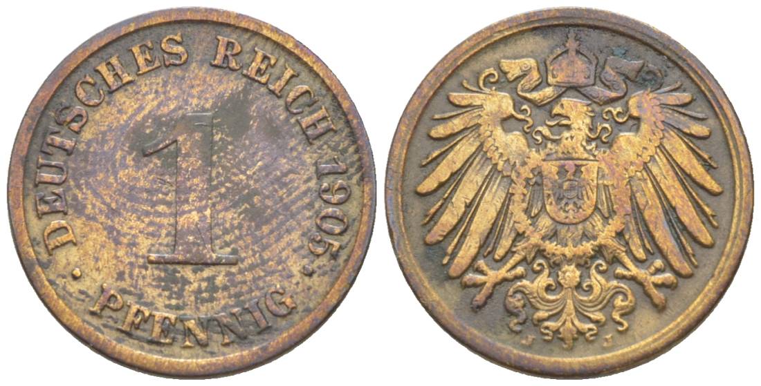 ГЕРМАНИЯ 1 ПФЕННИГ 1905 J KM 10, Jager. 10, Weege 2 медь 4528-1233