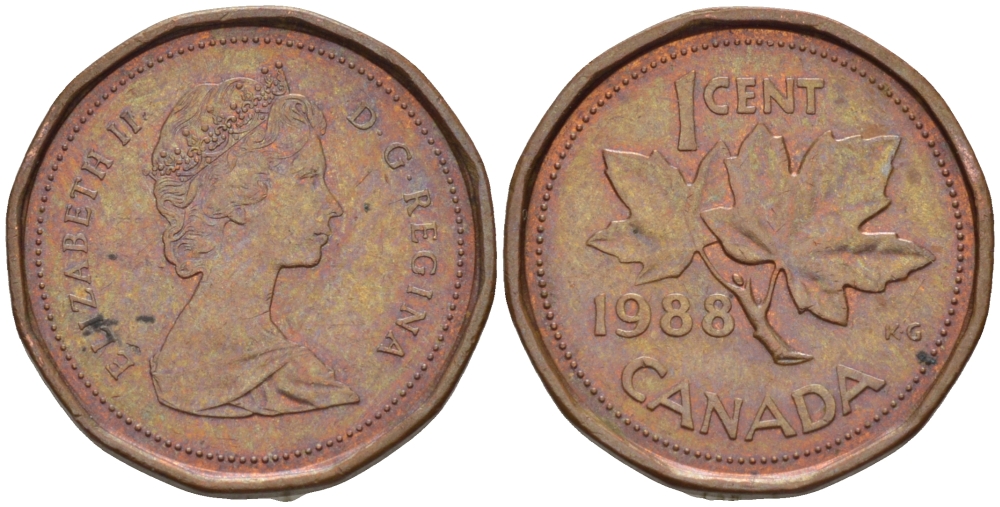 КАНАДА 1 ЦЕНТ 1988 КЛЕНОВЫЙ ЛИСТ, ЕЛИЗАВЕТА II KM 132 бронза 54-227