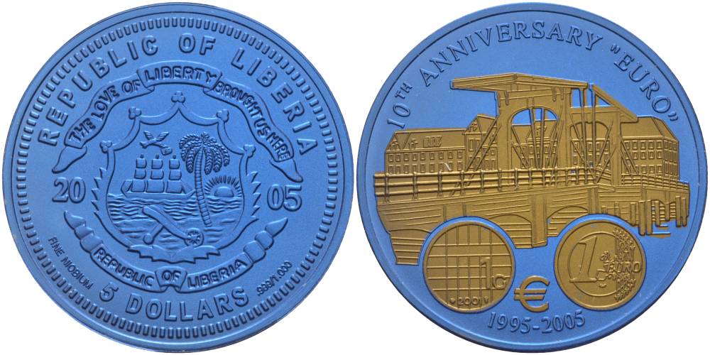 Либерия 5 долларов 2005 10 лет евро, страны еврозоны, Нидерланды, с сертификатом, би-колор (два цвета), вес 7,78 гр., диаметр 35 мм.  ниобий  UNC  1084-8-63