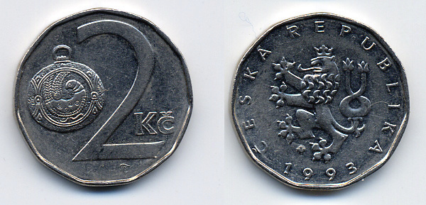 Чехия 2 кроны 1993 KM 9 сталь плакированная никелем 46-1326